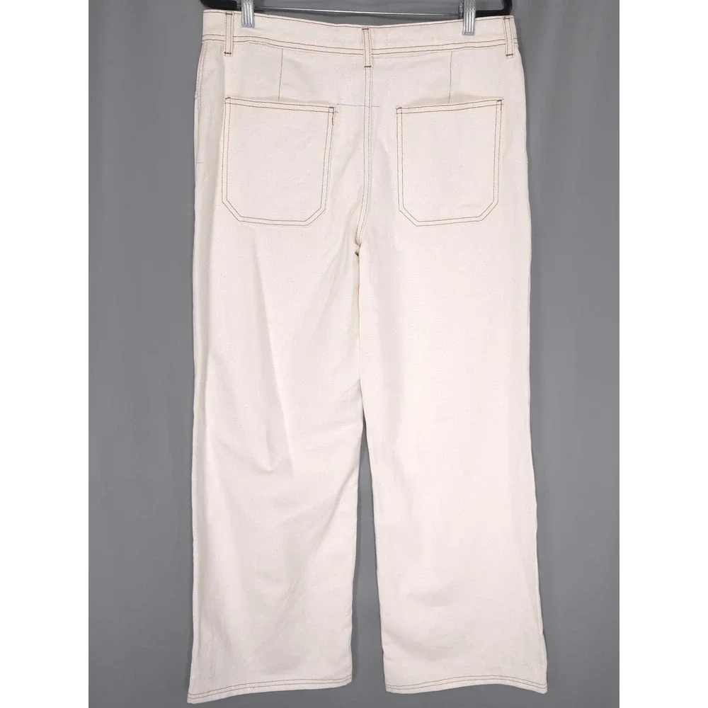 ZARA Women New Pants 44/12 Wide Leg Cotton Linen Contrast Stitching 7484/068/251